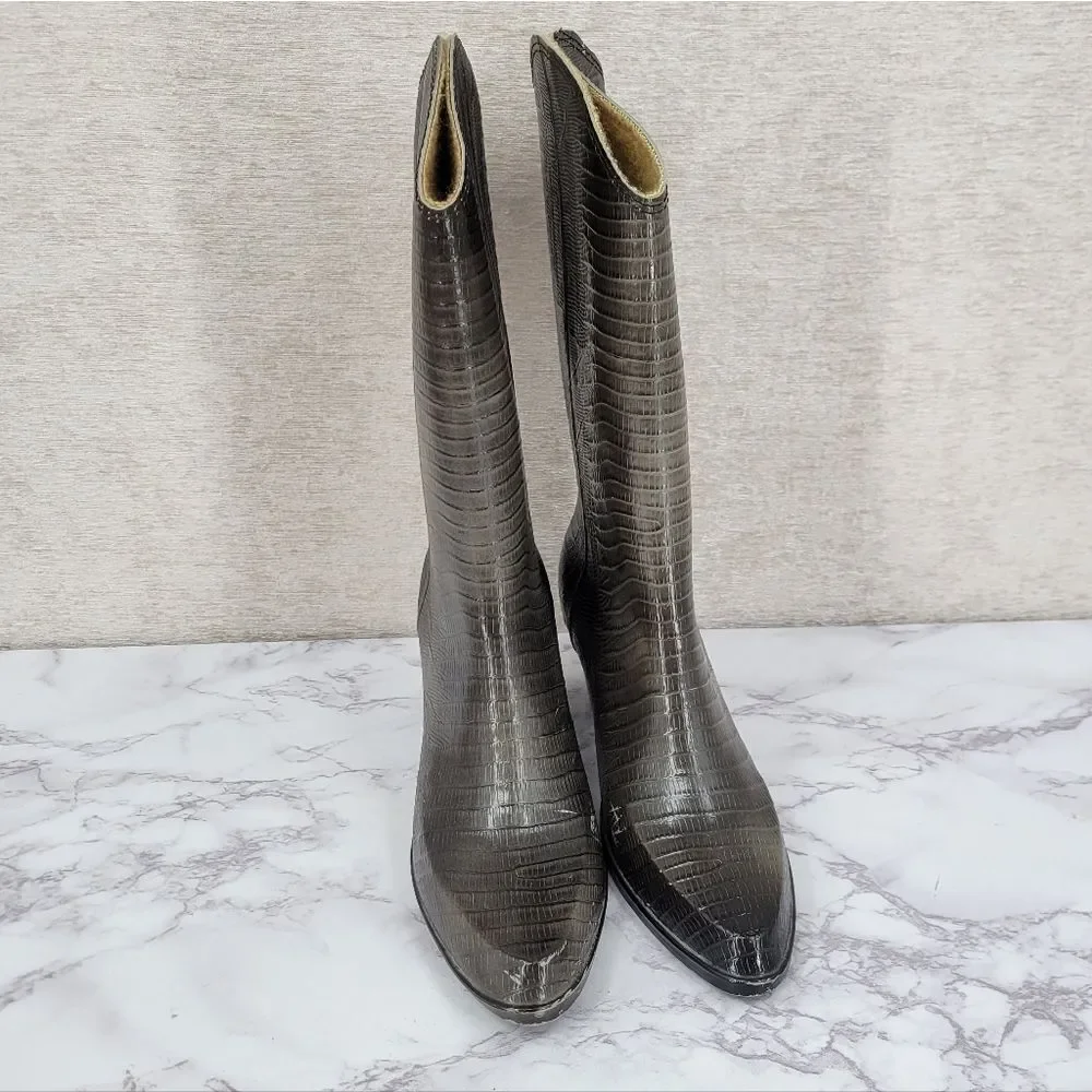 Andrew Geller Vintage Gray Lizard Embossed Heeled Rubber Rain Boots